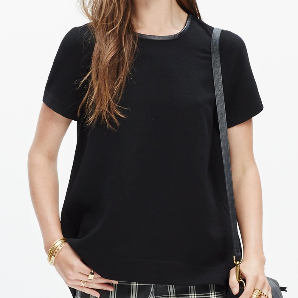 Black Leather-Trim Crepe Top